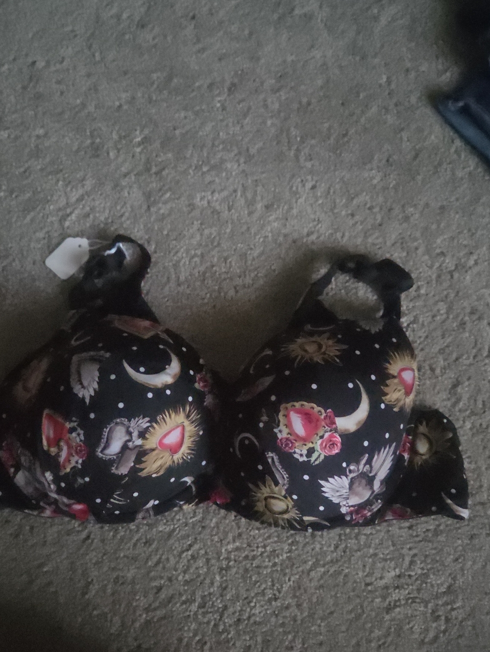 Black Celestial Print Underwire Bra with Floral Accents